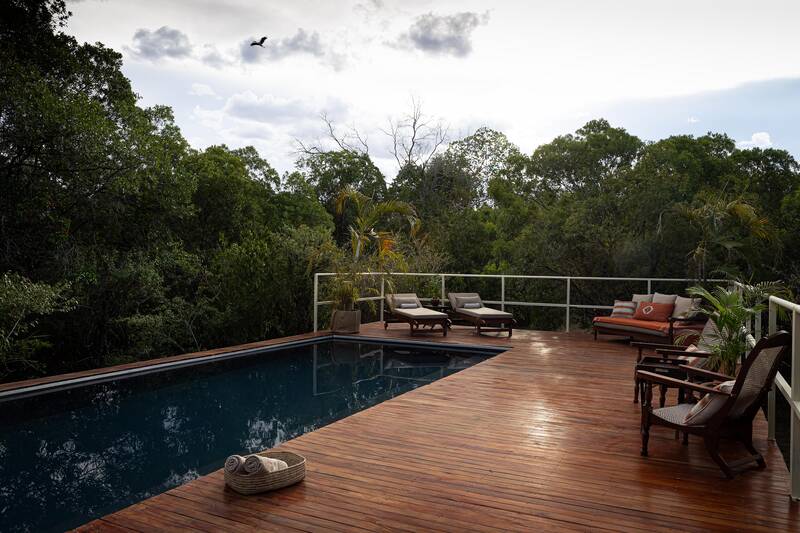 The swimming pool and deck, set into the trees