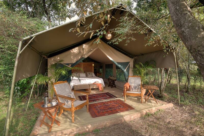 A Seringet guest tent under acacia trees, chairs set out in front