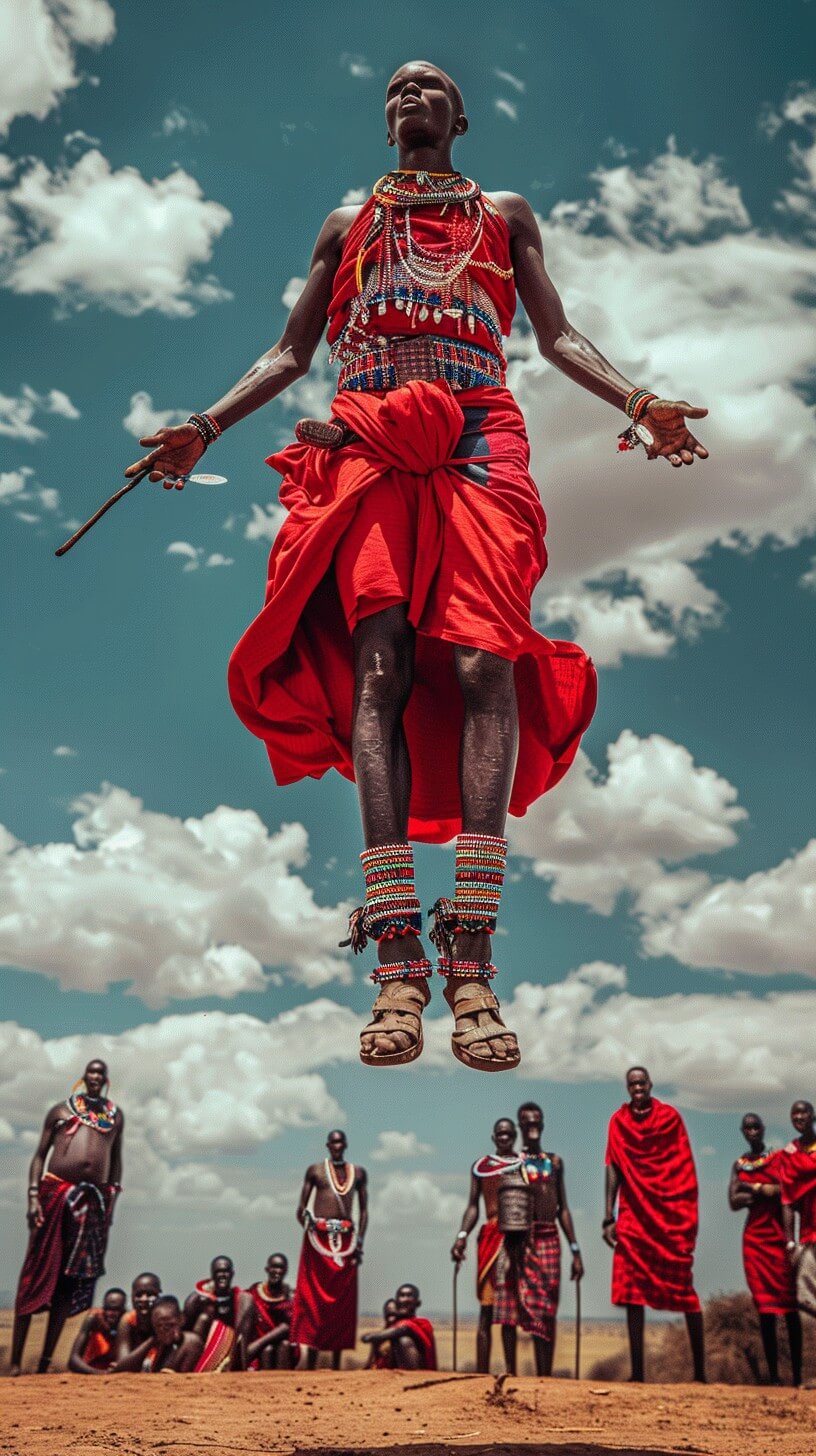 A Maasai dancer mid-jump, fellow dancers watching from below